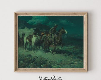 Vintage Southwestern Cowboy Oil Painting | Rural Night Landscape Wall Art | Rustic Horse Riders Print | PRINTABLE Digital Download | 458