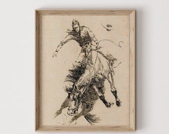 Cowboy Sketch Art Print: Vintage Western Rodeo (Digital Download) 520