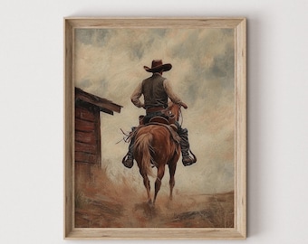 Stampa a olio vintage raffigurante un cowboy western: arte murale antica (download digitale) 570