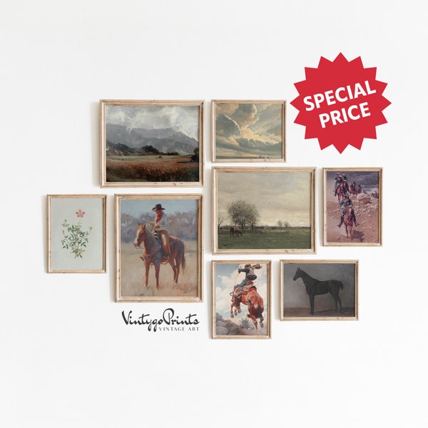 Vintage Southwestwen Cowboys Gallery Set | Set of Eight Oil Painting Wall Art | Curated Old West Decor | PRINTABLE Digital Download | S8-4