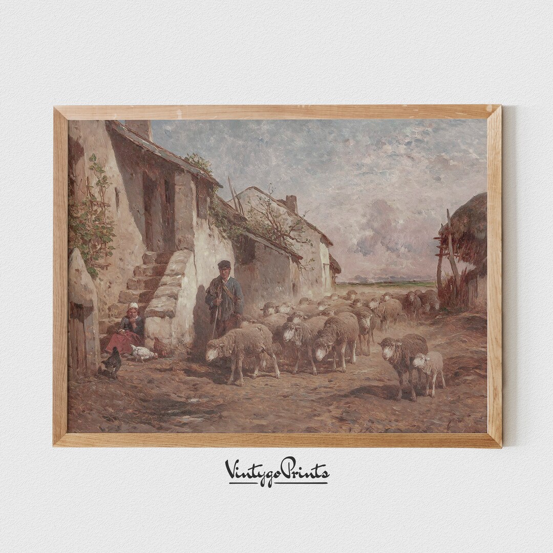 Vintage Sheep Art Print | Village Oil Painting | Farm Animal Wall Art ...