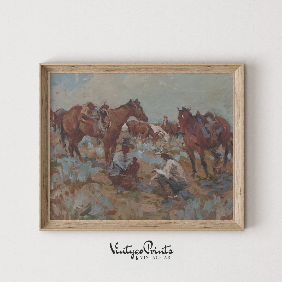 Rustic Cowboy Oil Painting Vintage Western Wall Art Southwest Room