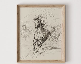 Op de afbeelding: Een zwart-wit schets van een paard dat rent met andere paarden op de achtergrond. Het paard is op de voorgrond en is het onderwerp van de afbeelding. De schets is op een beige achtergrond.