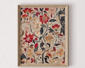 Vintage Floral Tapestry Art: Neutral Textile Leaves Print (Digital Download) 637