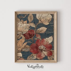 Vintage Red Flowers Textile Art Print: Neutral Tapestry (Digital Download) 638