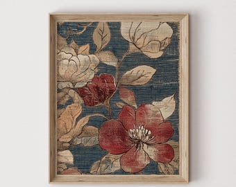 Textiltryck med vintageröda blommor: Neutral gobeläng (digital nedladdning) 638