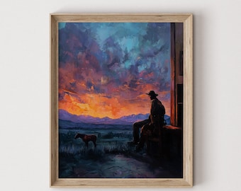カウボーイの夕焼けの絵 馬の油絵 西洋画 南西部のアート カウボーイの