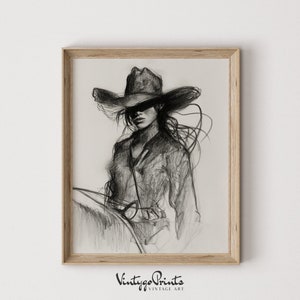 Vintage Cowgirl Drawing | Western Woman Sketch Art | Nursery Decor | Countryside Print | PRINTABLE Digital Download | 544