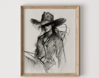 Vintage Cowgirl Skizze Kunstdruck: Western Frau Zeichnung (Digitaler Download) 544