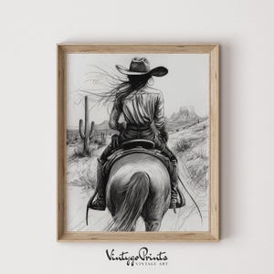 Vintage Cowgirl Art Print: Western Girl Riding Horse Sketch (Digital Download) 560