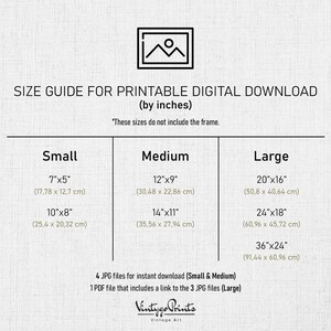 May include: Printable digital download size guide for artwork.  The guide shows different sizes in inches and centimeters, including small, medium, and large.  The guide also mentions that 4 JPG files are included for instant download for small and medium sizes, and 1 PDF file is included for large sizes, which includes a link to the 3 JPG files.