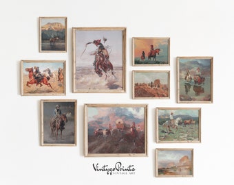 Vintage Cowboy Oil Painting Gallery Set | Set of Ten Southwestern Wall Art | Rustic Old West Decor | PRINTABLE Digital Download | S10-1