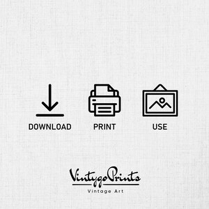 Puede incluir: Iconos en blanco y negro que muestran una flecha de descarga, una impresora y un marco de imagen. El texto debajo de los iconos dice "Descargar", "Imprimir" y "Usar". El texto "Vintage Prints" est&aacute; debajo de los iconos en una fuente estilizada con el texto "Vintage Art" debajo.