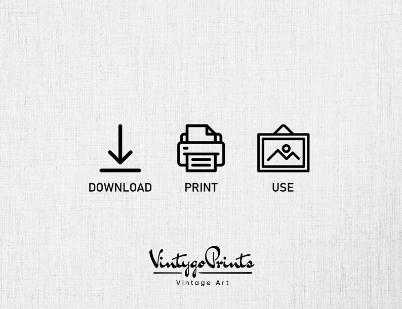 Puede incluir: Iconos en blanco y negro que muestran una flecha de descarga, una impresora y un marco de imagen. El texto debajo de los iconos dice "Descargar", "Imprimir" y "Usar". El texto "Vintage Prints" est&aacute; debajo de los iconos en una fuente estilizada con el texto "Vintage Art" debajo.