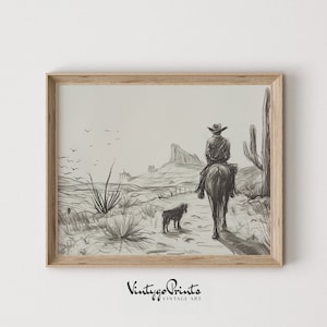 Vintage Cowboy Sketch Art Print: Western Desert Scene (Digital Download) 528