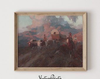 Old West Cowboys Oil Painting | Vintage Rustic Horse Cart Wall Art | Antique Horse Riders Print | PRINTABLE Digital Download | 459