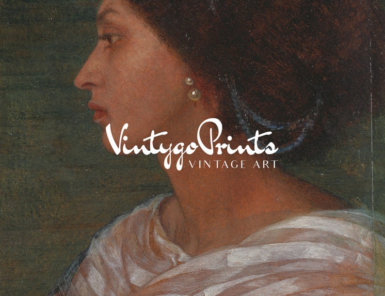 K&ouml;nnte beinhalten: Ein Vintage-Gem&auml;lde einer Frau mit dunklen Haaren und einem wei&szlig;en Kleid. Die Frau blickt zur Seite und hat einen ernsten Gesichtsausdruck. Das Gem&auml;lde ist im realistischen Stil gehalten und hat eine warme Farbpalette. Der Text "Vintage Prints" ist dem Bild &uuml;berlagert.