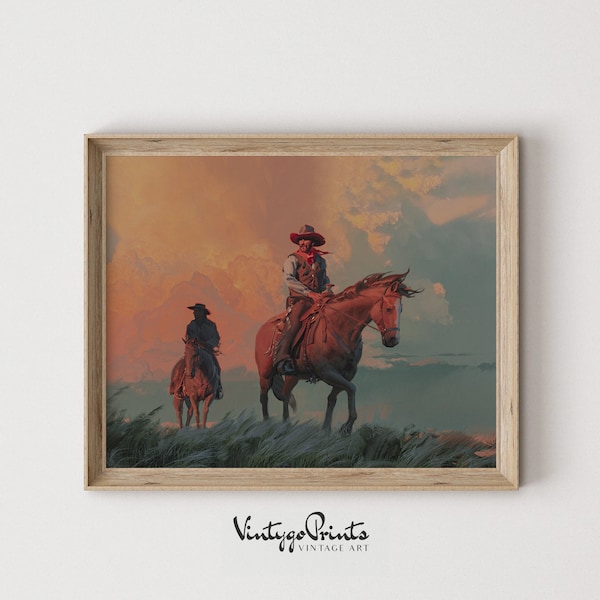 Vintage Rustic Western Cowboy Art | Horse Rider Oil Painting | Southwest Room Decor | Countryside Art | PRINTABLE Digital Download | 331