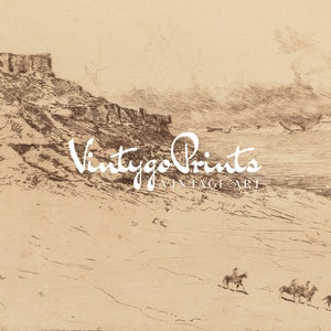 May include: A black and white vintage etching of a landscape with a cliff in the background and a group of people on horseback in the foreground. The image is titled "Vintage Prints Vintage Art".
