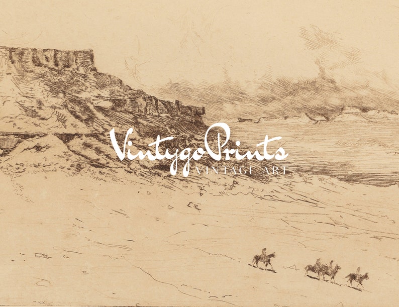 May include: A black and white vintage etching of a landscape with a cliff in the background and a group of people on horseback in the foreground. The image is titled "Vintage Prints Vintage Art".