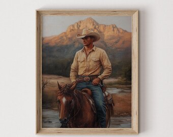 Vintage Cowboy Oil Painting Print: Mid-Century Farmhouse Art Decor (Digital Download) 564