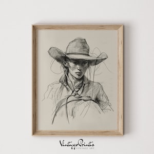 Vintage Cowgirl Sketch Art | Western Woman Pencil Drawing | Rustic Room Decor | Countryside Print | PRINTABLE Digital Download | 542