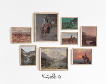 Vintage cowboy-olieverfschilderijgalerijset: westers rustiek decor (digitale download) S8-1