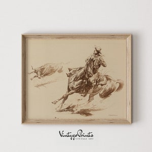 Cowboy Sketch Art Print: Vintage Western Horse Drawing (Digital Download) 505