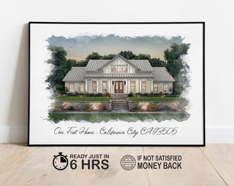 Retrato de casa en acuarela personalizado, pintura de casa en acuarela, regalo de inauguración de casa personalizado, regalo para la primera vivienda, regalo de cierre de agente inmobiliario, retrato de casa
