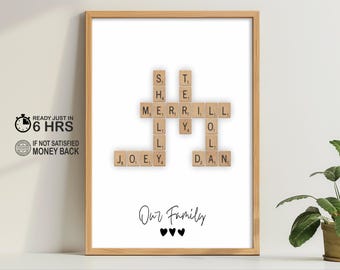 Personalised Scrabble Print, crosswords puzzle poster,  custom letter tile prints, family name art, birthday gift, personal gift for him her