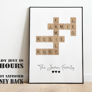 Impresión personalizada de Scrabble, póster de crucigramas, impresiones de mosaicos de letras personalizadas, arte de apellido, regalo de cumpleaños, regalo personal para él y ella