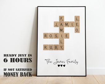 Personalised Scrabble Print, crosswords puzzle poster,  custom letter tile prints, family name art, birthday gift, personal gift for him her