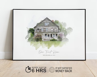 Casa de acuarela a partir de una foto, regalo personalizado para la primera casa, regalo de inauguración de la casa personalizado, retrato de casa imprimible, regalo para ella, regalo para él