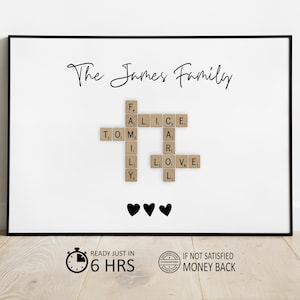 Personalised Scrabble Print, crosswords puzzle poster,  custom letter tile prints, family name art, birthday gift, personal gift for him her