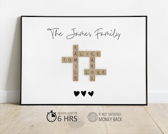 Personalised Scrabble Print, crosswords puzzle poster,  custom letter tile prints, family name art, birthday gift, personal gift for him her