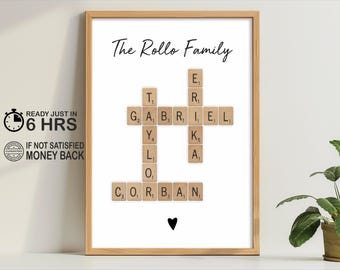 Personalised Scrabble Print, crosswords puzzle poster,  custom letter tile prints, family name art, birthday gift, personal gift for him her