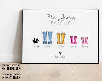 Fully Custom Welly Boots Print for Family, Wellie Boot Print, Fathers Day, Gift for Mum, Personalized Family Print, Wall Décor, Gift for Dad