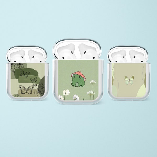 Sage Green Butterfly AirPods Case Cute Frog Cottagecore Cover for AirPods Generation 1 & 2 Protective Aesthetics Clear Plastic Cases