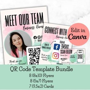 Puede incluir: Un paquete de plantillas para crear flyers y tarjetas con código QR. El paquete incluye 8 flyers (8x10), 8 flyers (5x7) y 7 tarjetas (3,5x2). La plantilla presenta un fondo de acuarela rosa y verde con un código QR, iconos de redes sociales y el texto "Meet Our Team" y "Connect With Us".