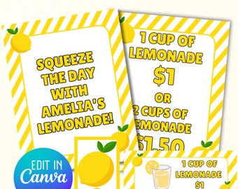 Lemonade Stand Printable Sign Kit: Editable Canva Templates (Digital Download)