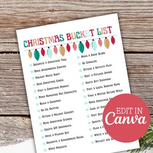 May include: A printable Christmas bucket list with a festive design featuring a string of colorful Christmas lights. The list includes activities like decorating a Christmas tree, baking gingerbread cookies, sending Christmas cards, and attending a holiday concert.