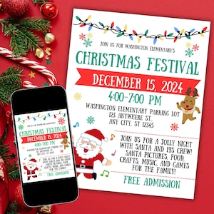 Peut inclure: Une affiche du festival de Noël avec le texte "Rejoignez-nous pour le festival de Noël de l'école élémentaire Washington le 15 décembre 2024 de 16h00 à 19h00". L'affiche comprend des illustrations du Père Noël et de rennes.