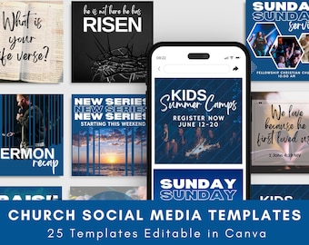 May include: A collection of 25 social media templates for churches, designed in Canva. The templates feature a blue and white color scheme with various text overlays, including "What is your life verse?", "He is not here he has RISEN", "New Series", "Kids Summer Camps", "Sunday", and "We love because he first loved us".
