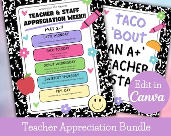 May include: A printable teacher appreciation week schedule with a black and white notebook paper background. The schedule includes a different theme for each day of the week, including "Latte Monday", "Taco Tuesday", "Donut Wednesday", "Sweetest Thursday", and "Fry-Day". The text "Edit in Canva" is in the bottom right corner of the image.
