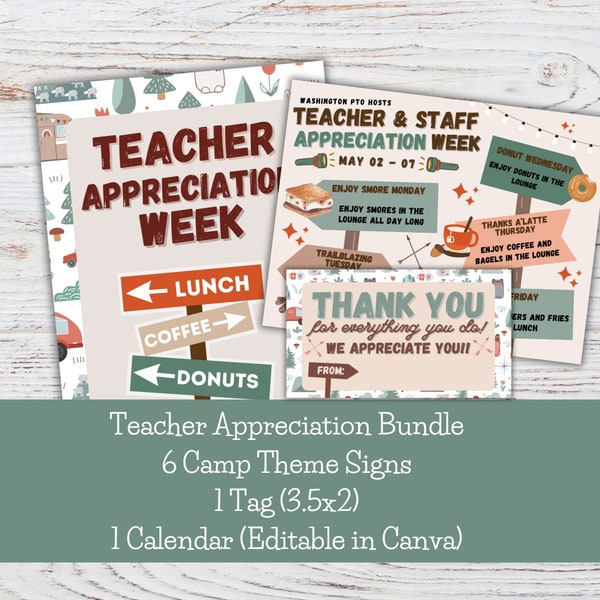 Camping Teachers Appreciation Week Bundle,teacher Appreciation Week,Camping Teachers Theme, Teacher Appreciation Signs, PDF,Camping Teacher