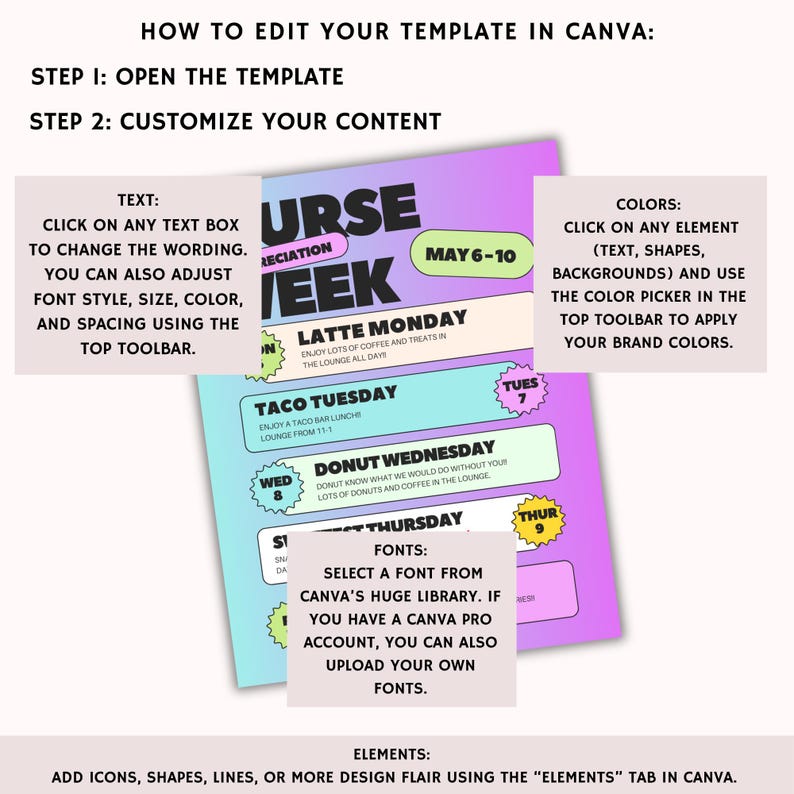 Nurse Appreciation Week Schedule Flyer: Editable Canva Template - Etsy