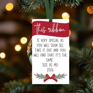 May include: A rectangular white hanging tag with a dark green ribbon loop. The top features a red banner with the text 'This ribbon' in white script. Below, black text reads: 'IS VERY SPECIAL AS YOU WILL SOON SEE. TAKE IT OUT AND YOU WILL FIND THAT IT'S THE SAME SIZE AS ME! 2026'. A red bow with green pine needles is at the bottom.