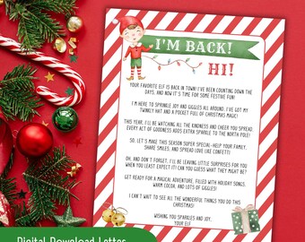 May include: A red and white striped printable letter from an elf. The letter says "I'm Back! Hi!" and includes a message about spreading joy and cheer during the Christmas season.