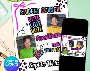 Bearbeitbarer Studenten-Wahlkampfflyer: HomeComing Queen, Studentenrat (Canva Template Digital Download