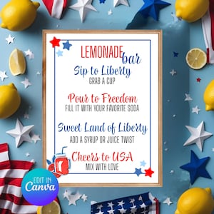Lemonade Bar Sign: Patriotic Party Decor, Editable Template (Canva, 8.5x11&quot;)